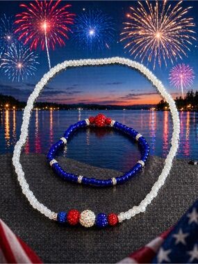 Patriotic Fireworks Beaded choker & Bracelet Set9”